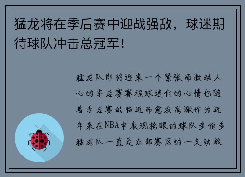 猛龙将在季后赛中迎战强敌，球迷期待球队冲击总冠军！