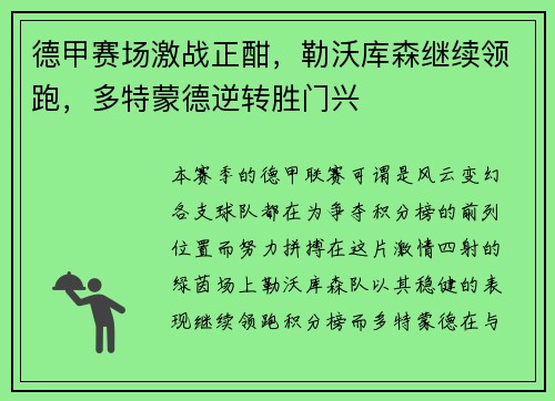 德甲赛场激战正酣，勒沃库森继续领跑，多特蒙德逆转胜门兴