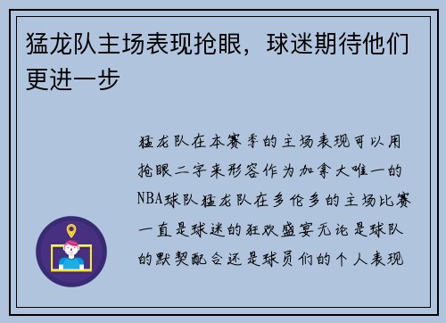 猛龙队主场表现抢眼，球迷期待他们更进一步