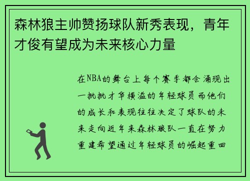森林狼主帅赞扬球队新秀表现，青年才俊有望成为未来核心力量