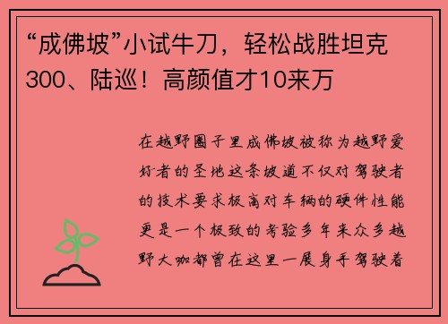 “成佛坡”小试牛刀，轻松战胜坦克300、陆巡！高颜值才10来万