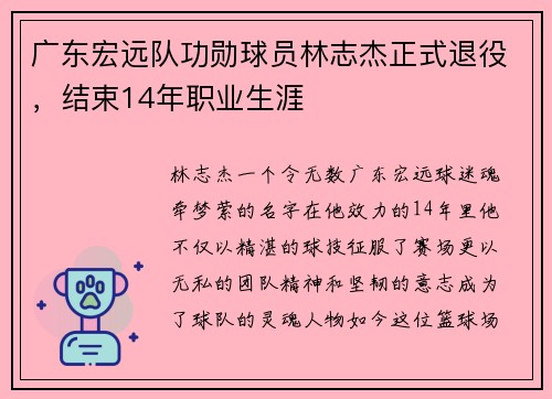 广东宏远队功勋球员林志杰正式退役，结束14年职业生涯