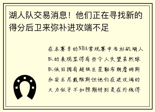 湖人队交易消息！他们正在寻找新的得分后卫来弥补进攻端不足