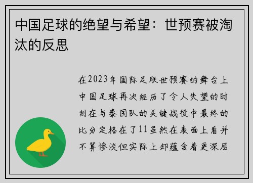 中国足球的绝望与希望：世预赛被淘汰的反思