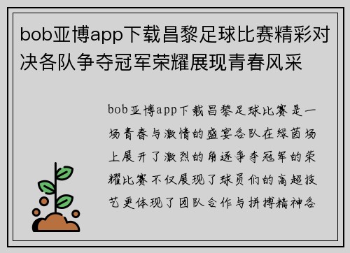 bob亚博app下载昌黎足球比赛精彩对决各队争夺冠军荣耀展现青春风采