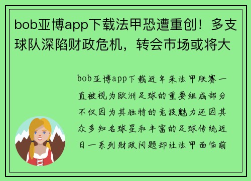 bob亚博app下载法甲恐遭重创！多支球队深陷财政危机，转会市场或将大幅收缩