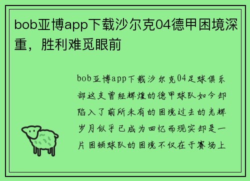 bob亚博app下载沙尔克04德甲困境深重，胜利难觅眼前