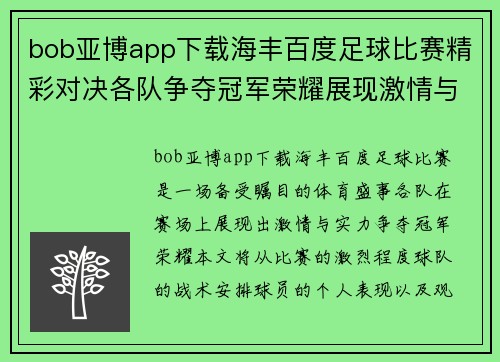 bob亚博app下载海丰百度足球比赛精彩对决各队争夺冠军荣耀展现激情与实力
