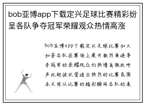 bob亚博app下载定兴足球比赛精彩纷呈各队争夺冠军荣耀观众热情高涨